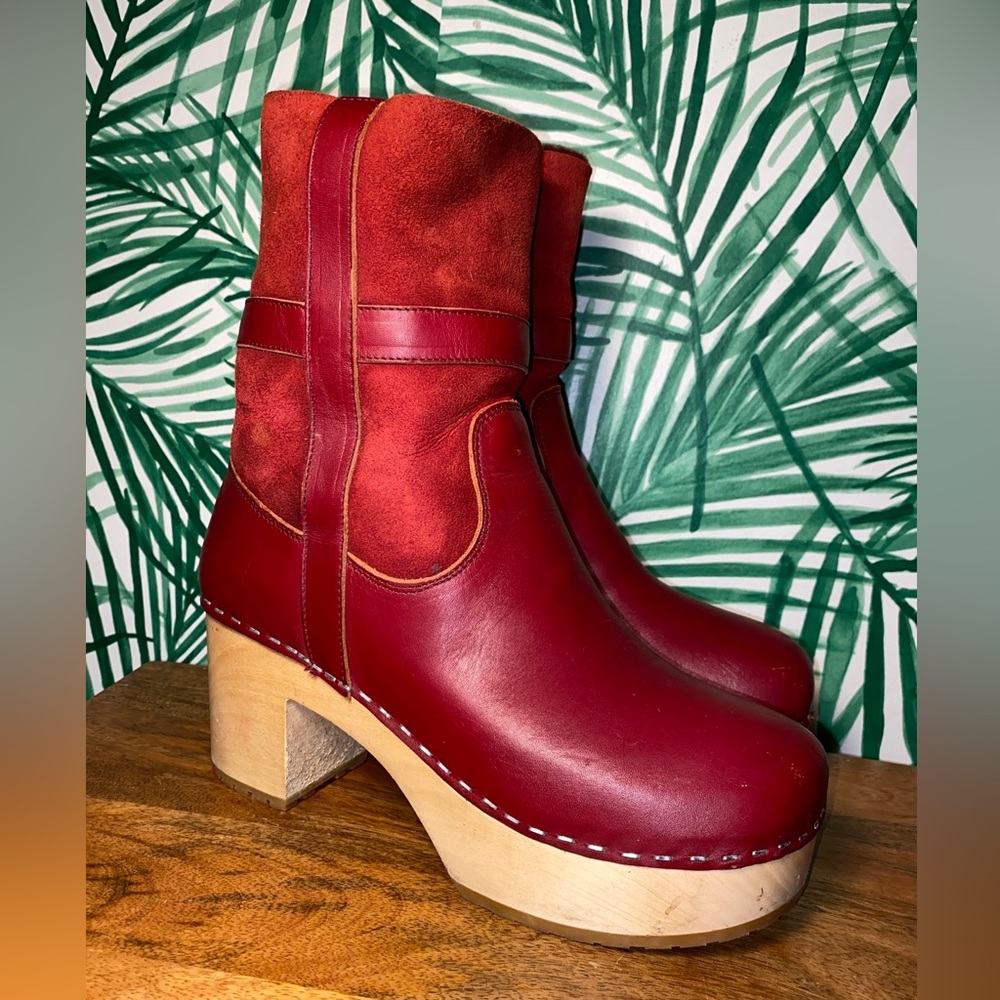 Sweedish Hasbeens Red Leather Shearling Wood Platform Ankle Boots Women’s 39/9 - Picture 2 of 13